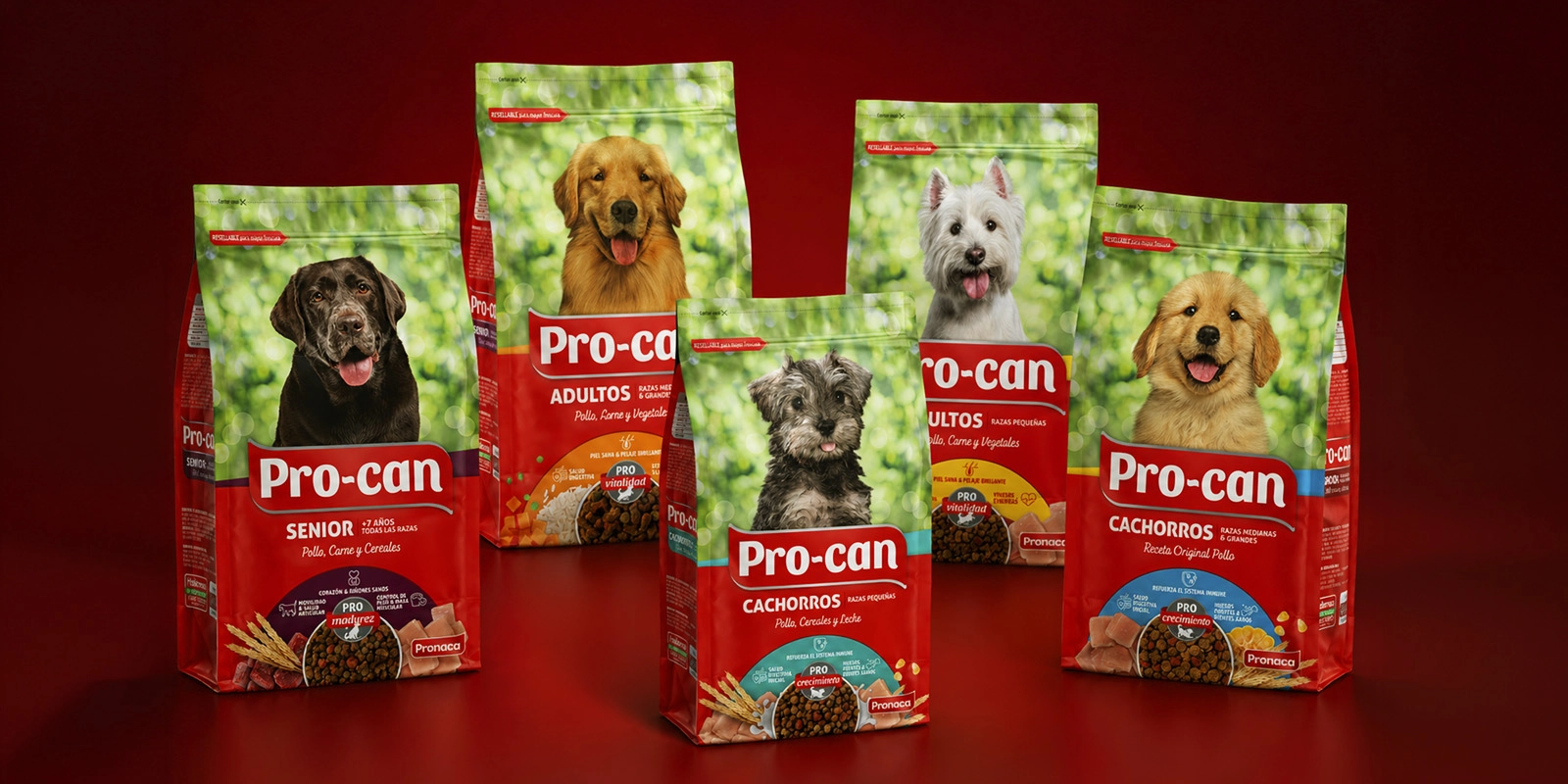 Packaging Pro-can Pronaca : Bolsas de alimento Pro-can con diseño colorido y fotos de distintas razas de perros para cada etapa.
