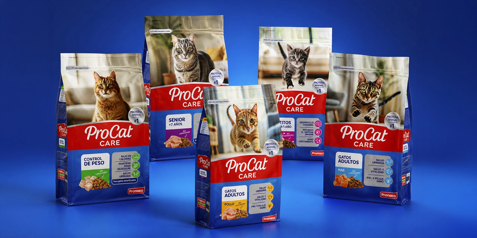 Packaging ProCat Pronaca : Envases de ProCat Care sobre fondo azul, destacando variedades de nutrición específica para gatos. Diseño por Tridimage.