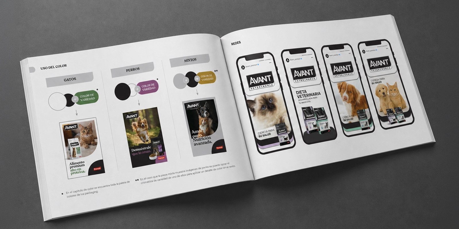 Manual de Marca Avant Pronaca : Guía de identidad visual de Avant mostrando el uso del color y aplicaciones para redes sociales. Diseño por Tridimage.