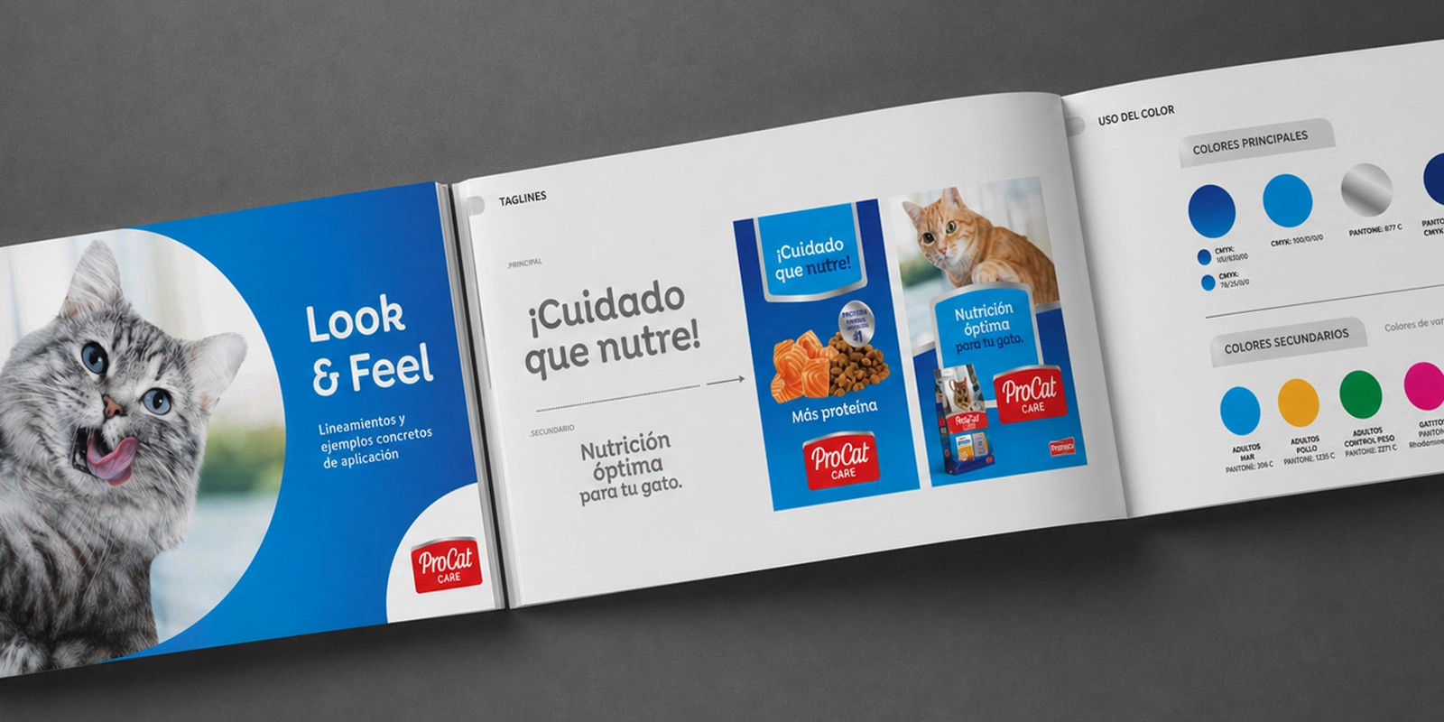 Look & Feel ProCat Pronaca : Brandbook de ProCat Care con lineamientos de comunicación visual, taglines y ejemplos de aplicación. Diseño por Tridimage.