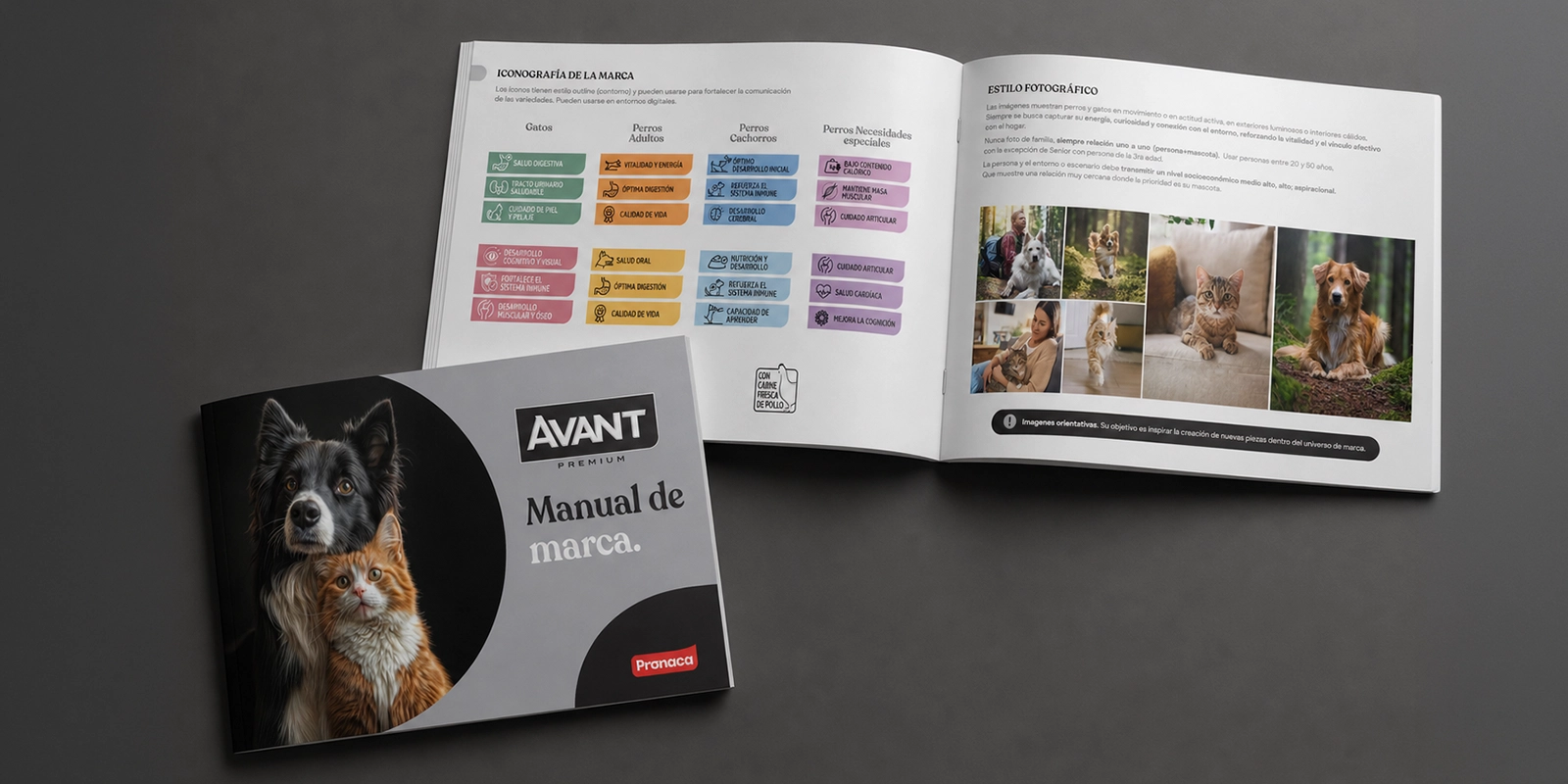 Manual de Marca Avant Pronaca : Guía de identidad visual de Avant mostrando el uso de imágenes y color para beneficios funcionales. Diseño por Tridimage.