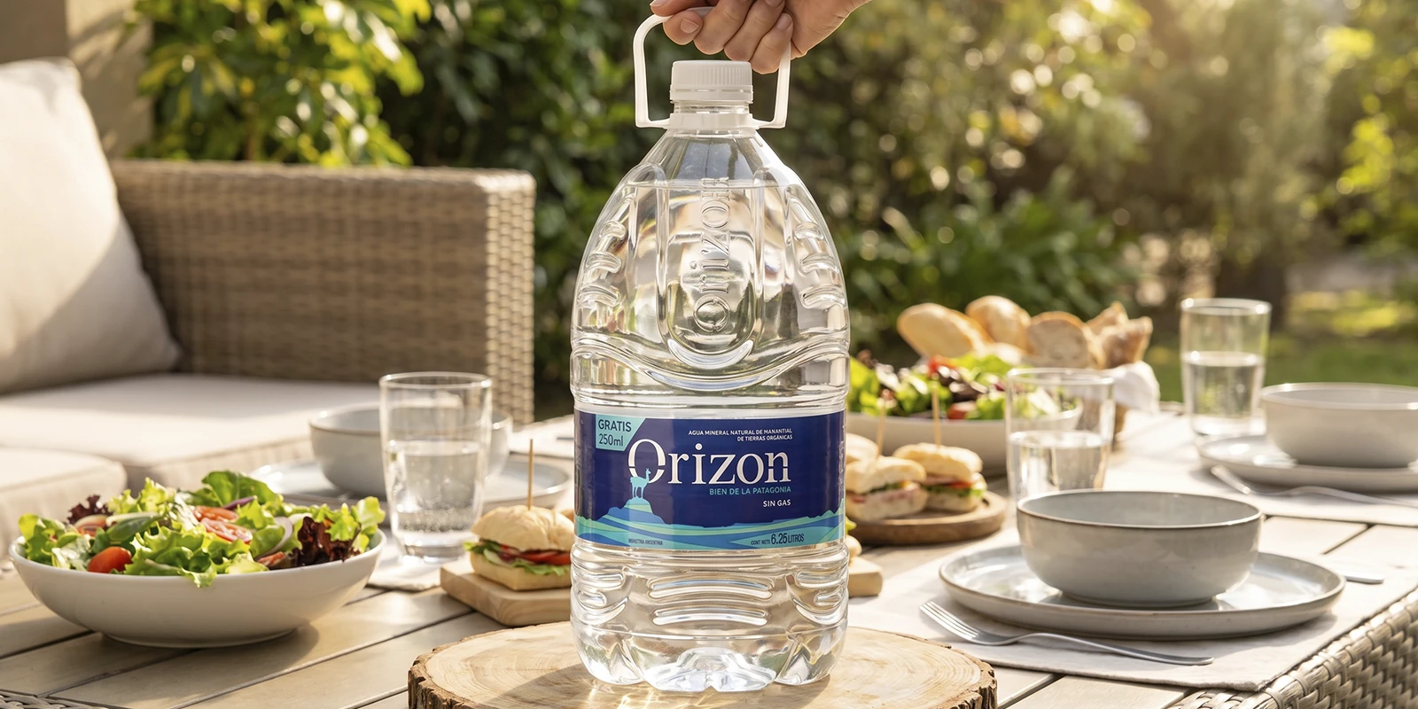 Bidón de agua Orizon sobre una mesa preparada para un almuerzo en el exterior.