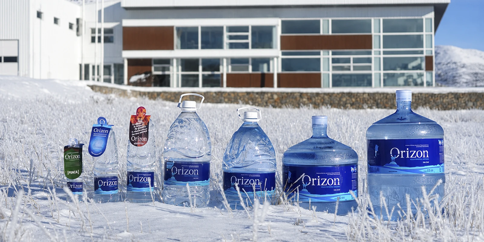 Línea completa de envases, bidones y botellones de agua Orizon alineados sobre la nieve frente a la planta embotelladora.