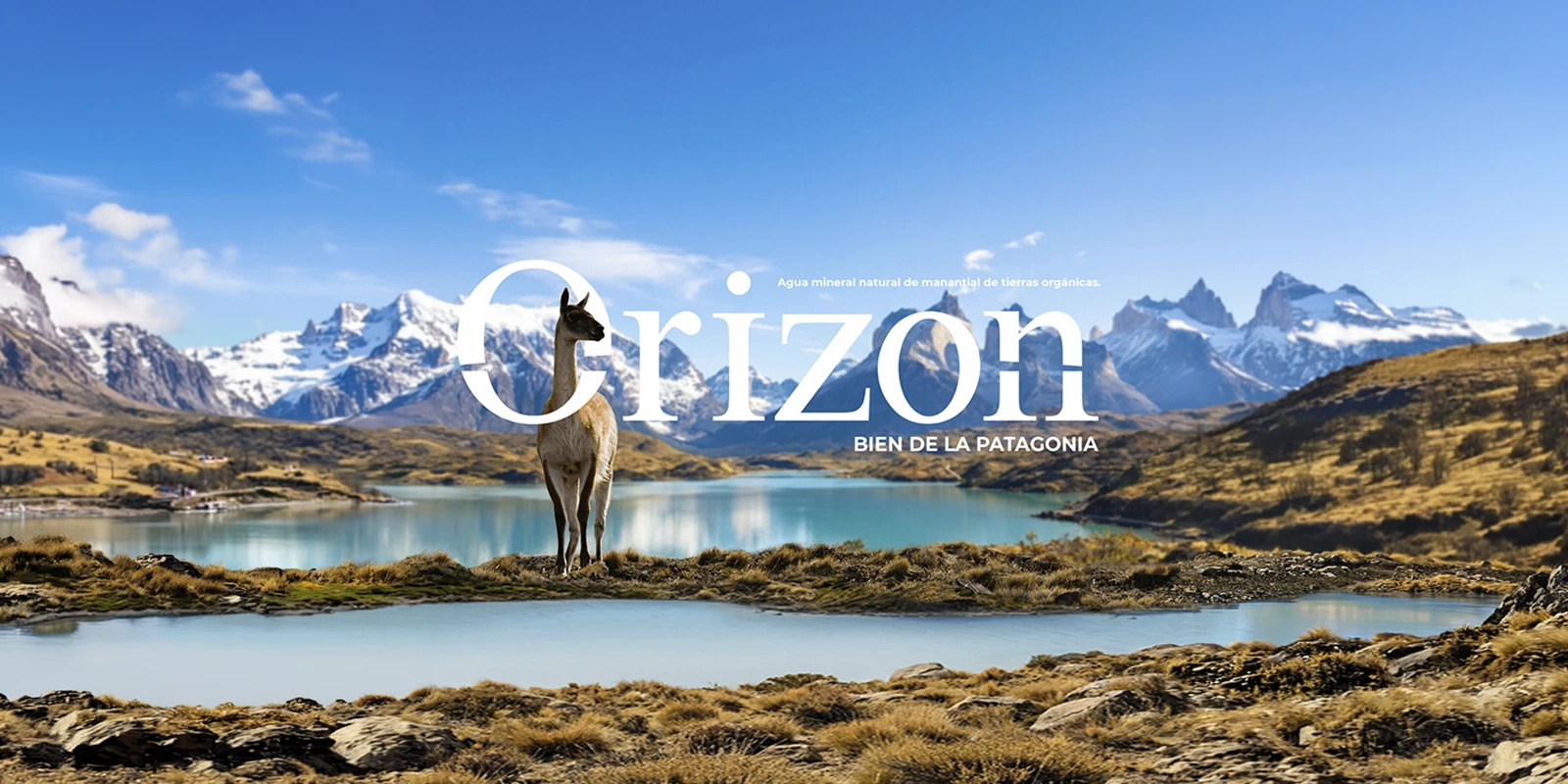 Paisaje de la Patagonia con un guanaco, montañas con nieve, un lago turquesa y el logotipo de agua Orizon.