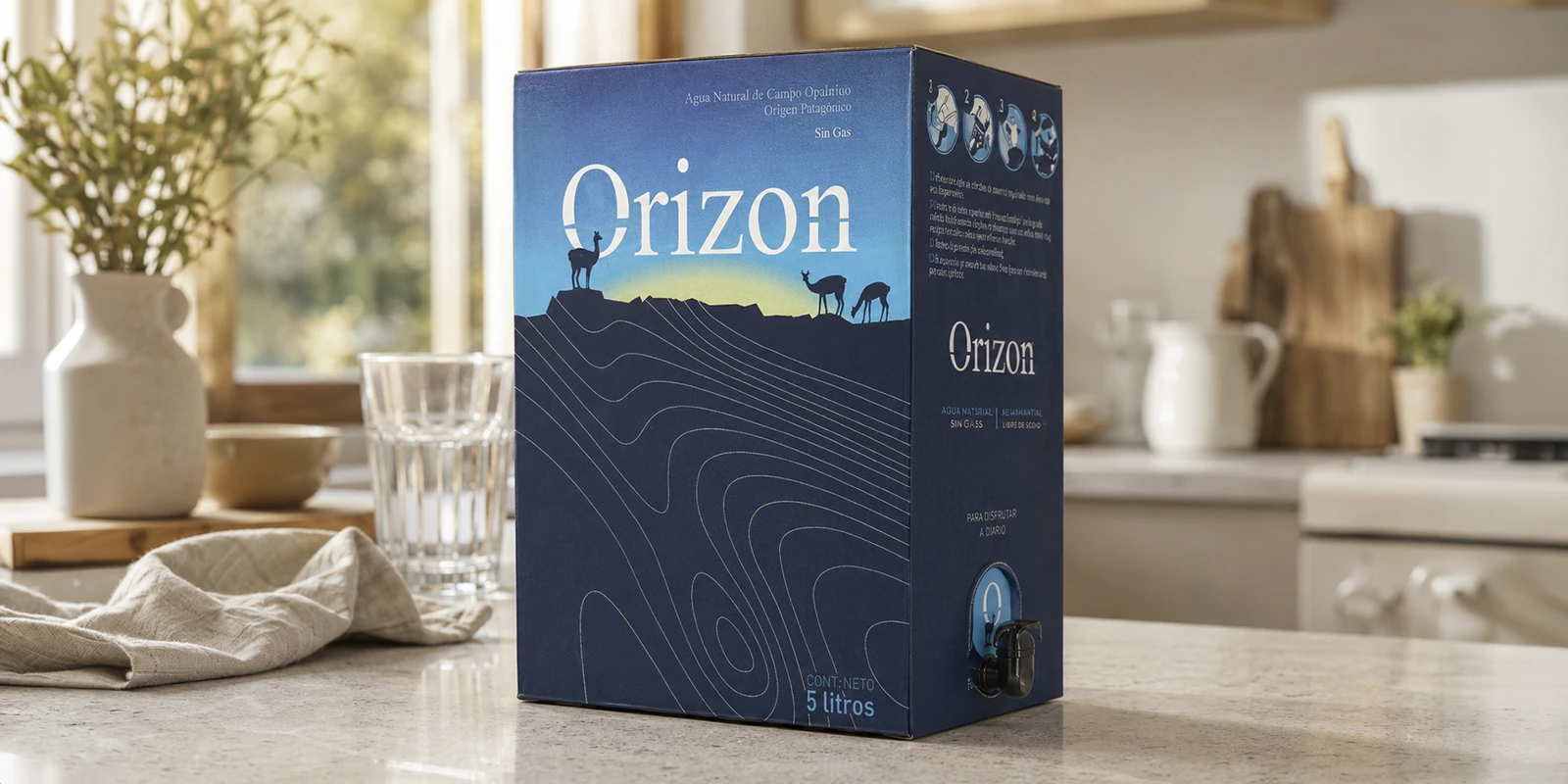 Caja de agua Orizon de 5 litros en formato Bag-in-Box con canilla dispensadora sobre una mesada de cocina.