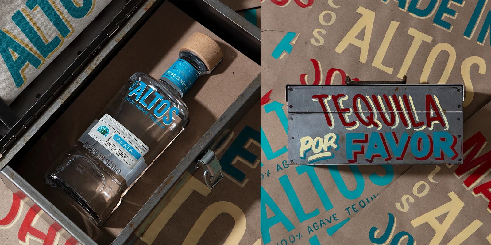 Botella de tequila Altos dentro de una caja metálica, junto a un cartel pintado a mano con el texto “Tequila por favor”.