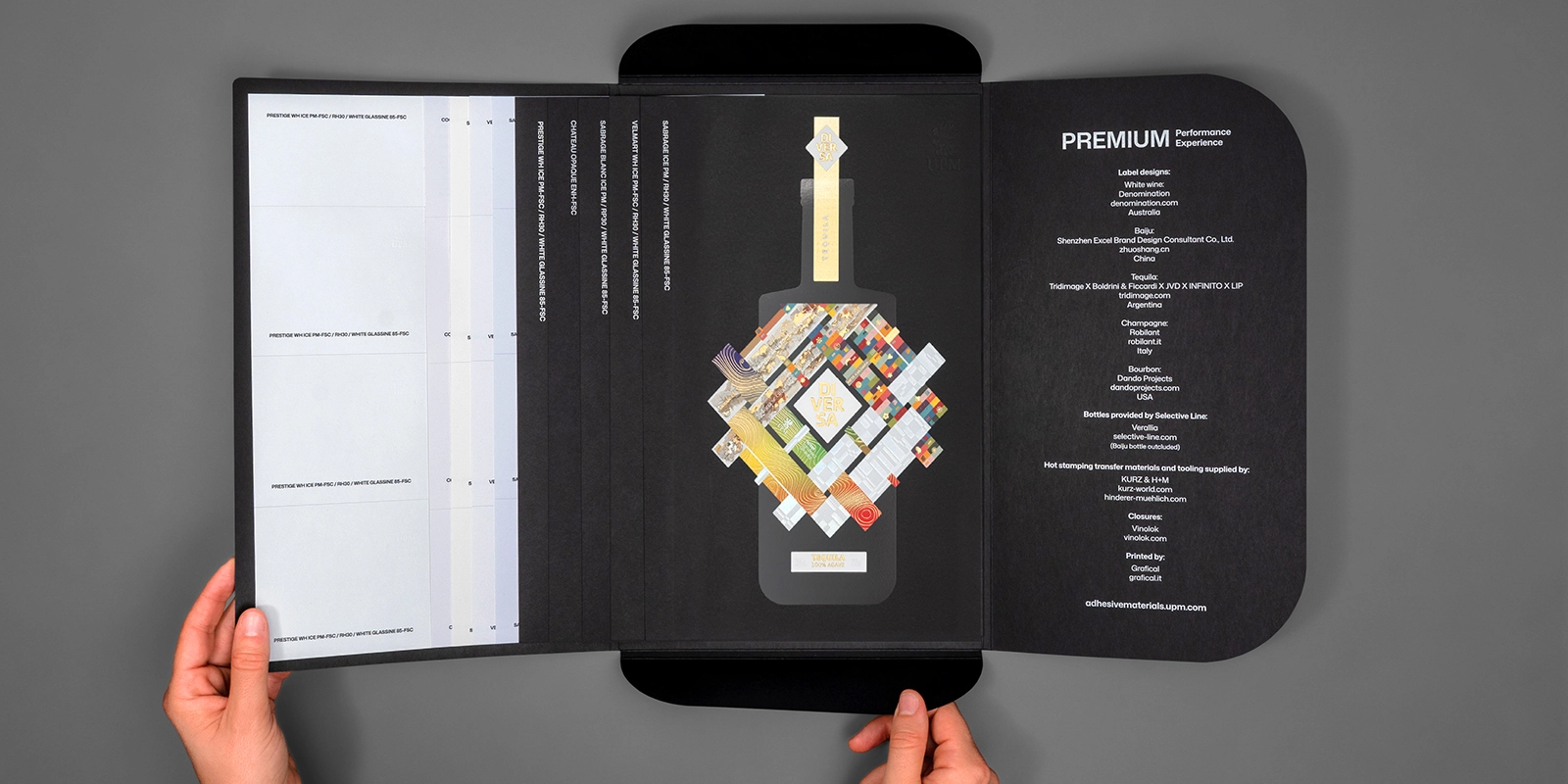 Catálogo de etiquetas UPM con el diseño de Tequila Diversa impreso en relieve y acabados especiales para packaging premium.