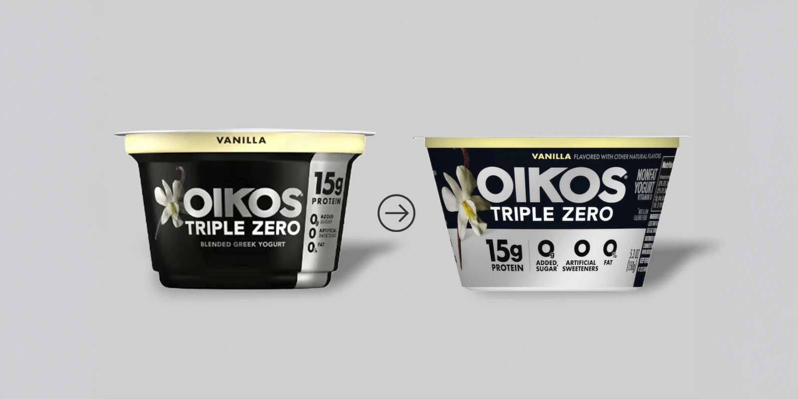 Comparativa de rediseño de envase de yogur Oikos Triple Zero sabor vainilla, de diseño clásico a renovado.