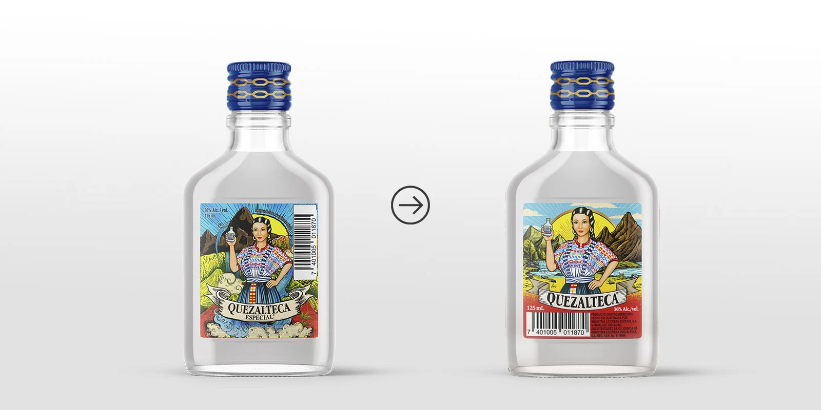 Evolución de etiqueta y packaging para la botella del licor Quezalteca Especial con ilustración renovada.