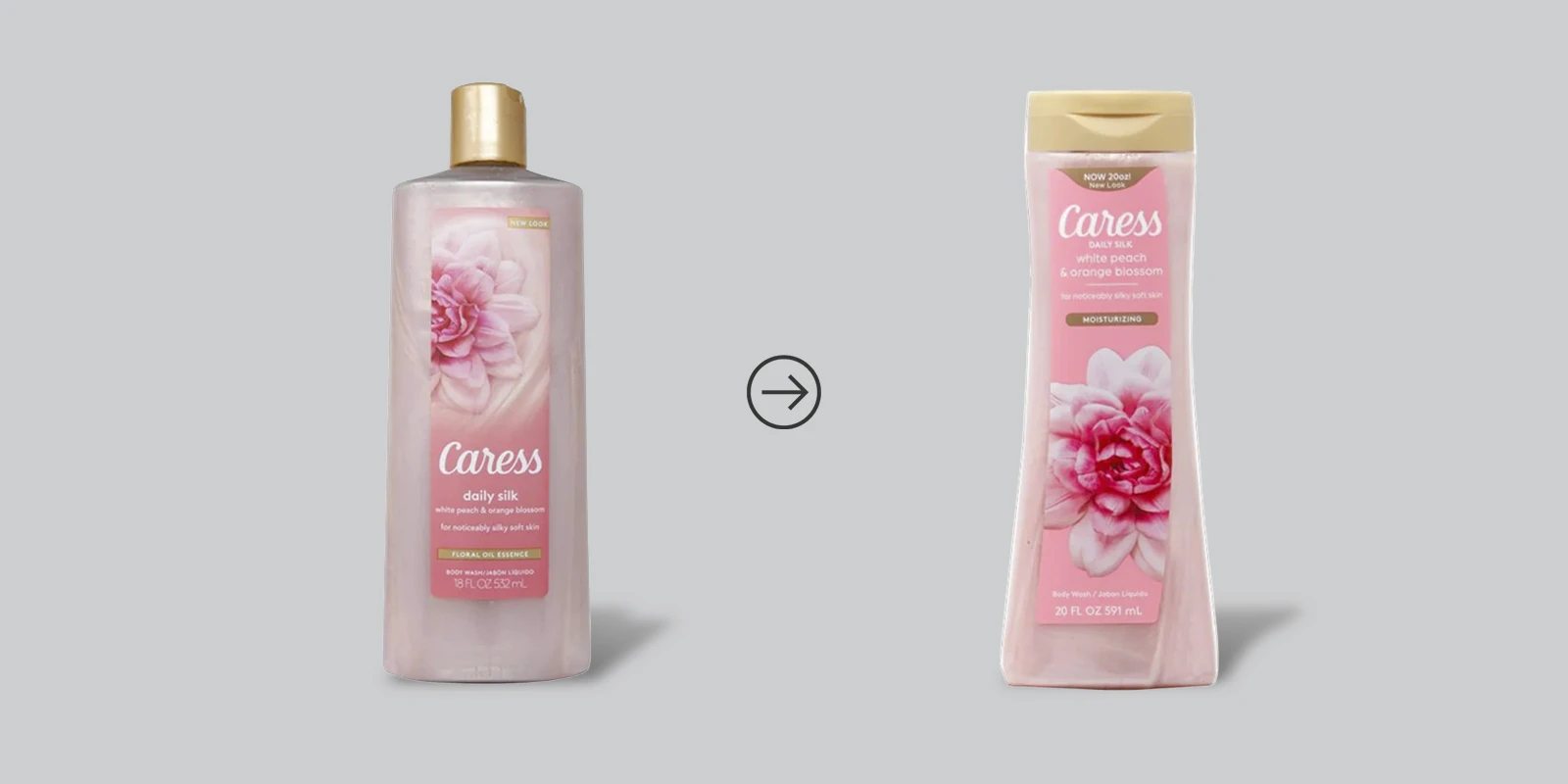 Rediseño de packaging y botella del jabón líquido Caress con gráfico floral y silueta ergonómica.