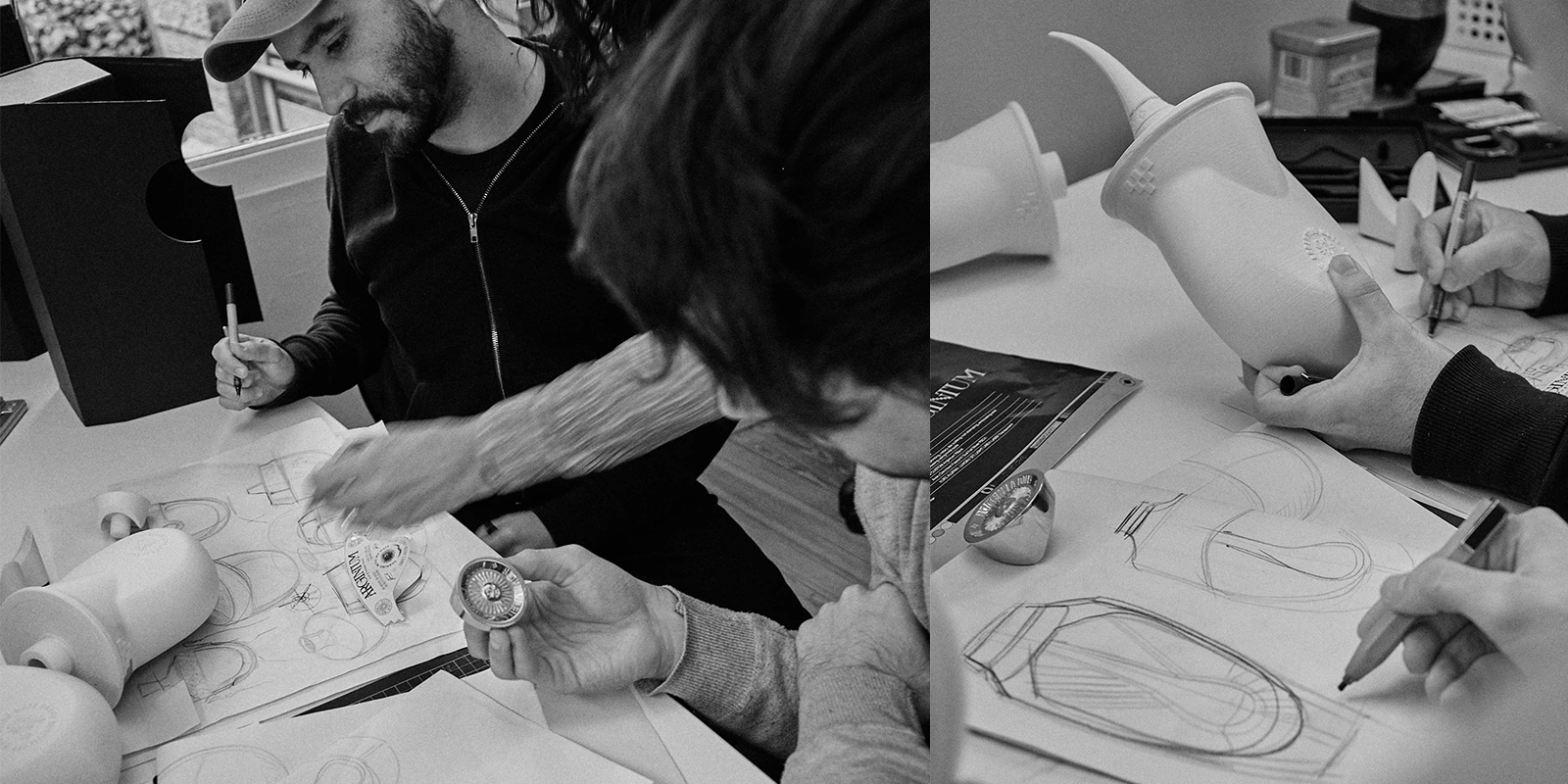 Equipo de diseñadores de Tridimage evaluando prototipos 3D y bocetos para el packaging de Argintum.
