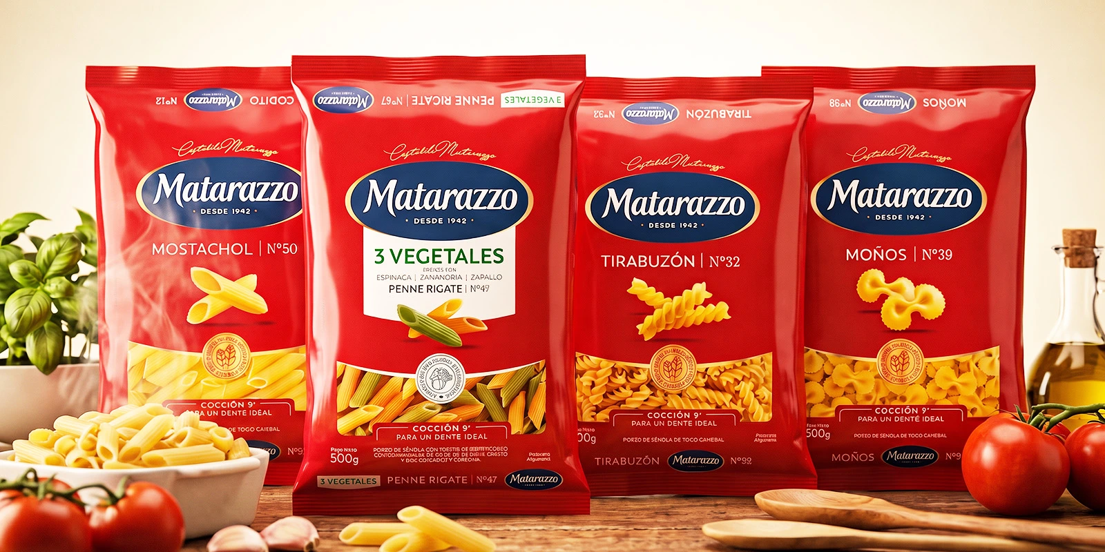Variedad de paquetes de fideos rojos Matarazzo dispuestos sobre una mesa con vegetales frescos.