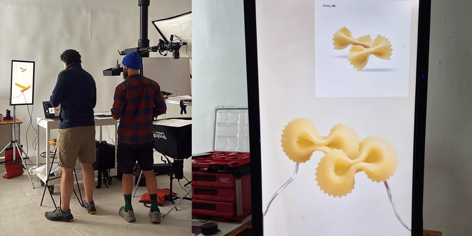 Diseñadores de Tridimage en sesión fotográfica y ajuste digital de imágenes de pasta.